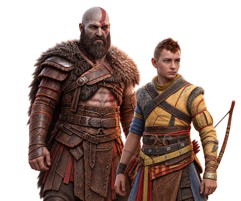 Kratos de barba cheia e Atreus adolescente sem barba, juntos em uma pose natural