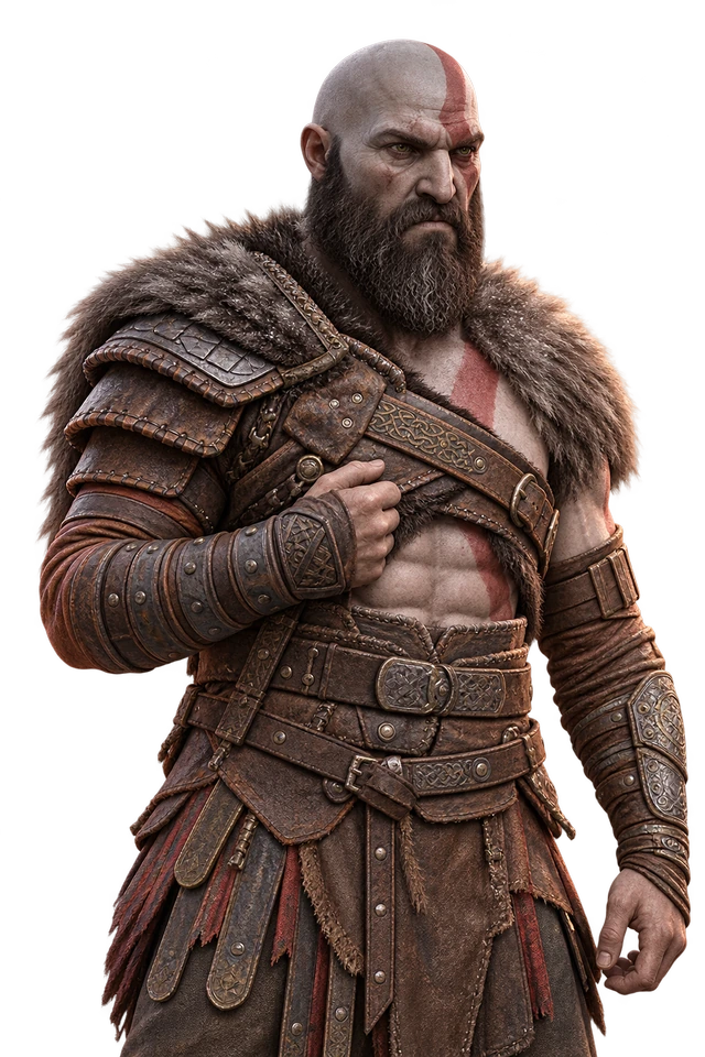 Kratos de barba cheia com a mão junto ao peito, em uma pose tranquila ao lado das etapas