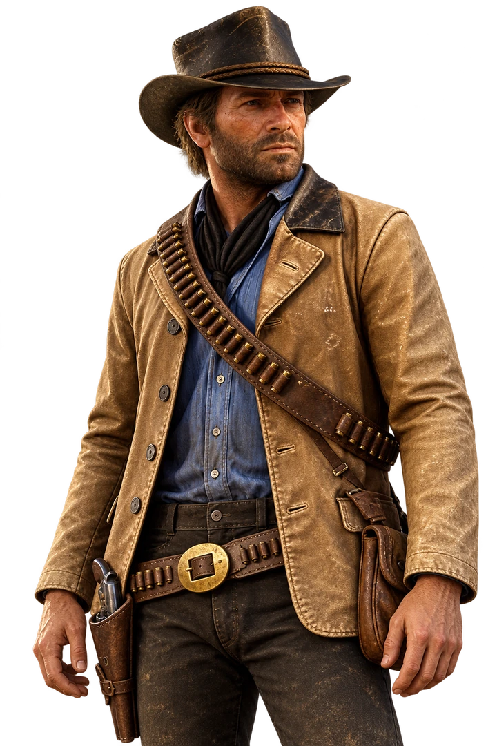 Arthur Morgan de chapéu e jaqueta, ao lado da apresentação do serviço