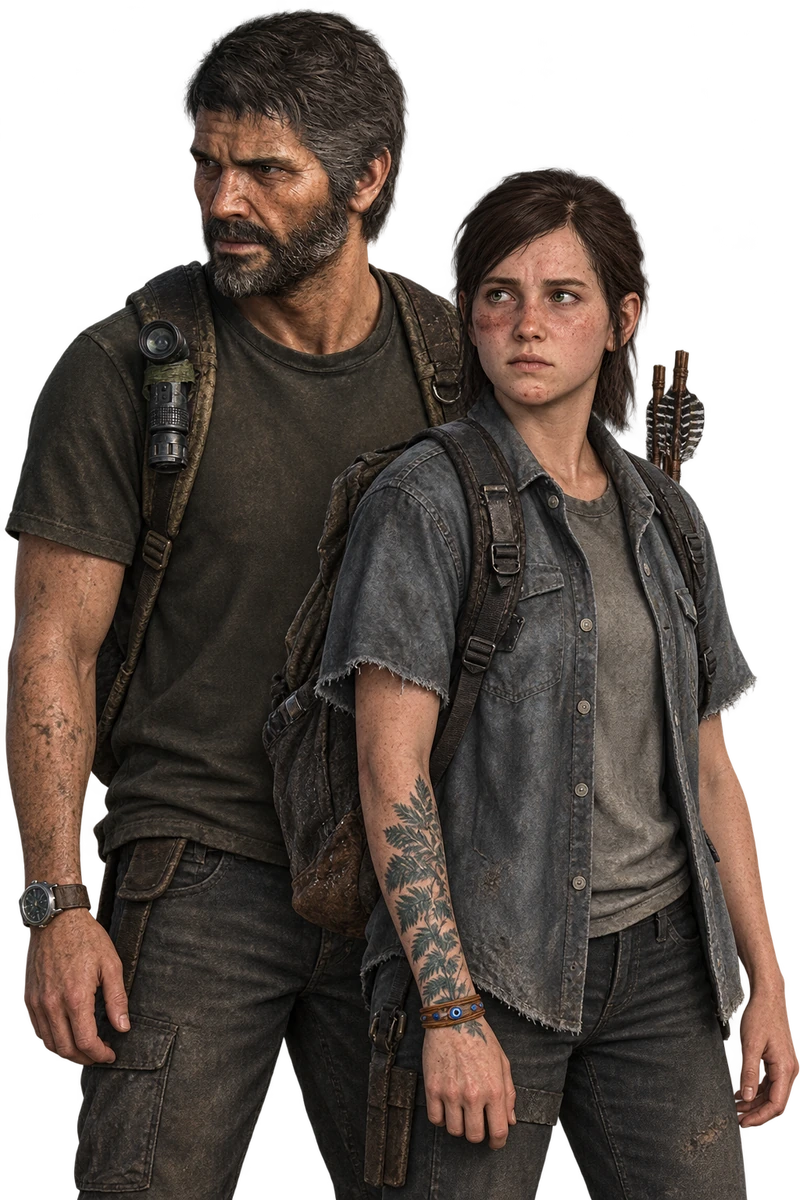 Joel e Ellie, personagens do jogo The Last of Us, juntos com suas mochilas