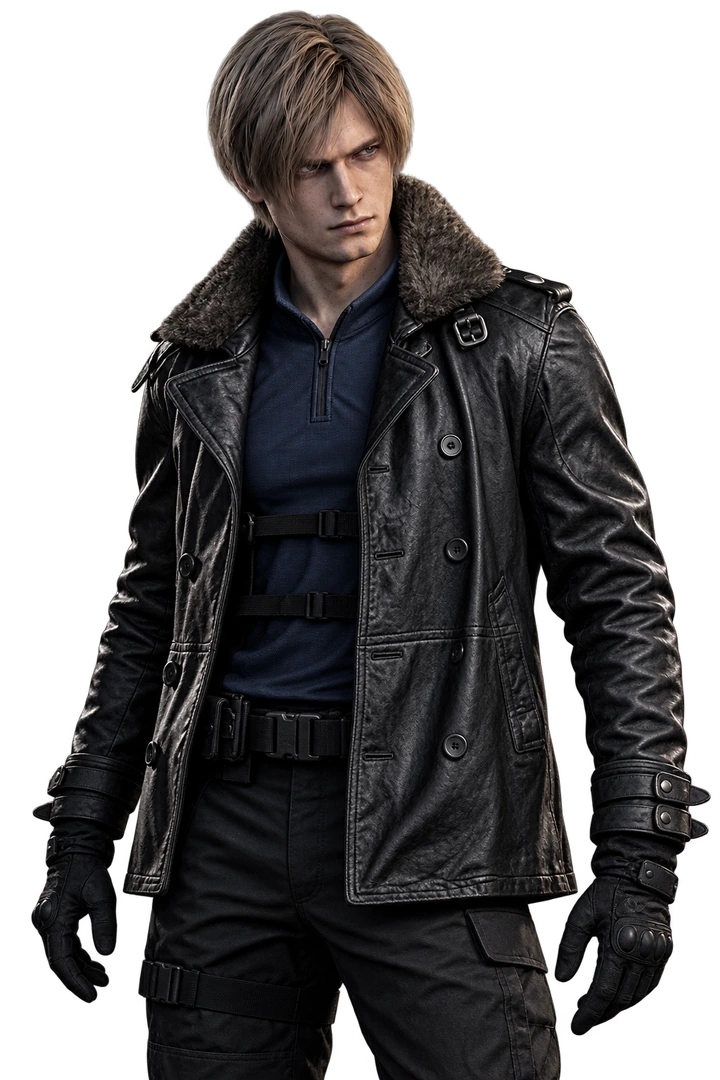 Leon Kennedy com jaqueta, à direita da apresentação de upgrades