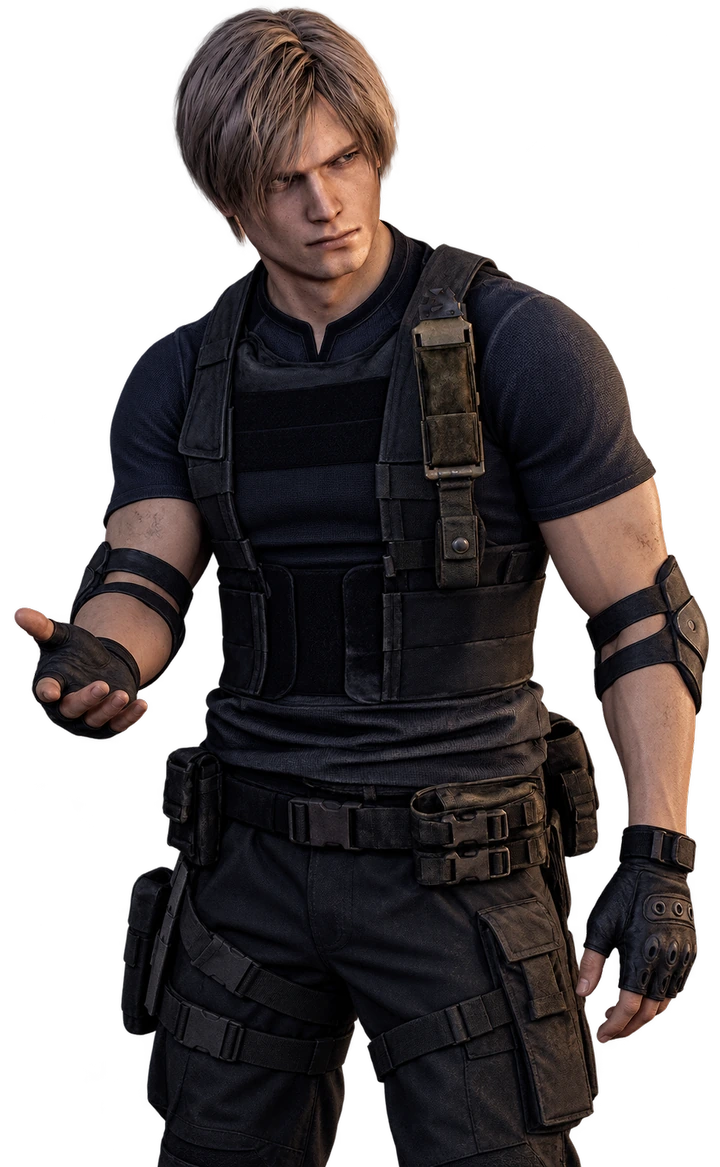 Leon Kennedy em equipamento tático, apresentando as possibilidades de componentes